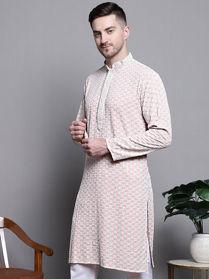 Jompers Men's Sequin Embroidered Pure Cotton Kurta - Peach - Distacart