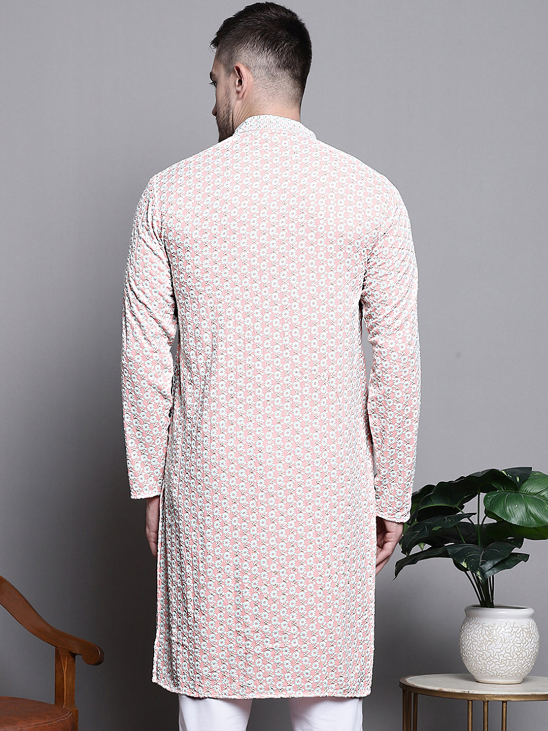 Jompers Men's Sequin Embroidered Pure Cotton Kurta - Peach - Distacart