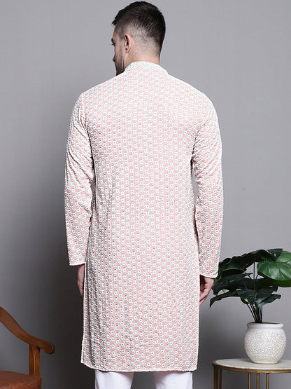 Jompers Men's Sequin Embroidered Pure Cotton Kurta - Peach - Distacart