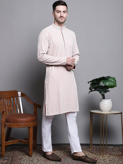 Jompers Men's Sequin Embroidered Pure Cotton Kurta - Peach - Distacart