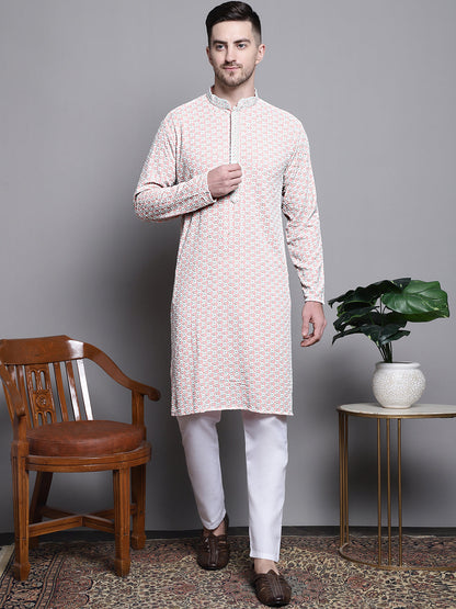 Jompers Men's Sequin Embroidered Pure Cotton Kurta - Peach - Distacart