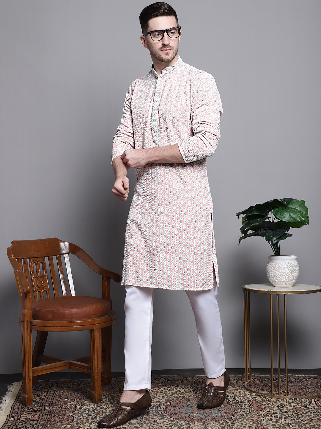Jompers Men's Sequin Embroidered Pure Cotton Kurta - Peach - Distacart