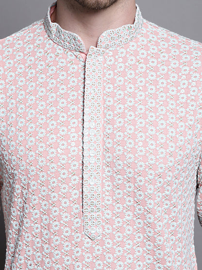 Jompers Men's Sequin Embroidered Pure Cotton Kurta - Peach - Distacart