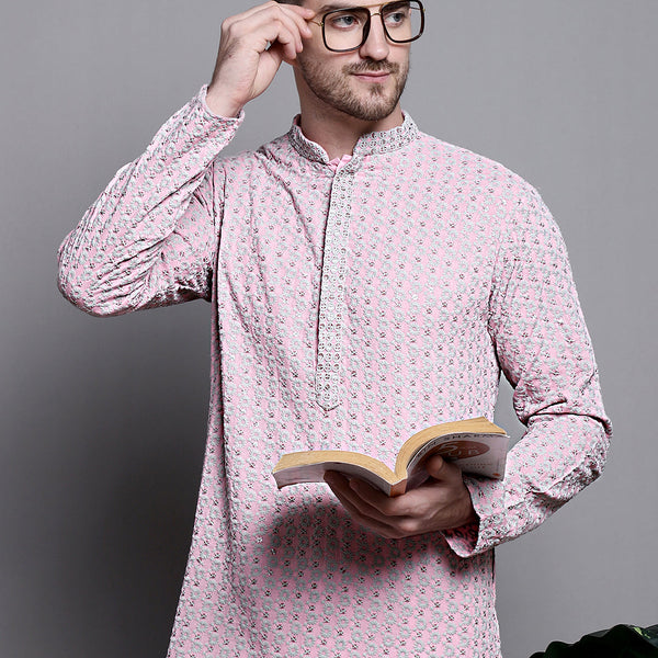 Jompers Men's Sequin Embroidered Pure Cotton Kurta - Pink - Distacart