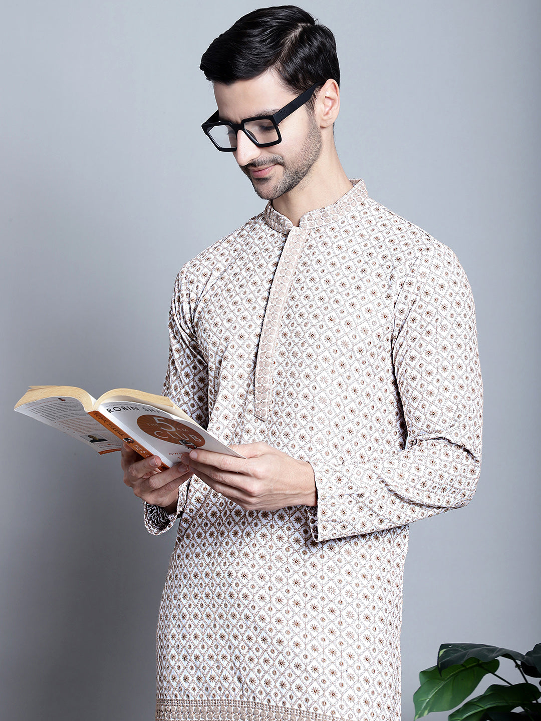 Jompers Men's Chikankari Embroidered Kurta Only - Beige - Distacart