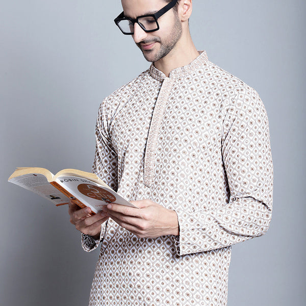Jompers Men's Chikankari Embroidered Kurta Only - Beige - Distacart