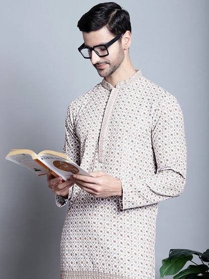Jompers Men's Chikankari Embroidered Kurta Only - Beige - Distacart