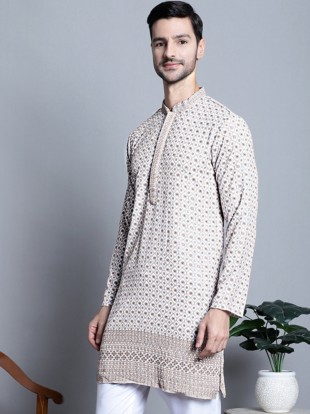 Jompers Men's Chikankari Embroidered Kurta Only - Beige - Distacart