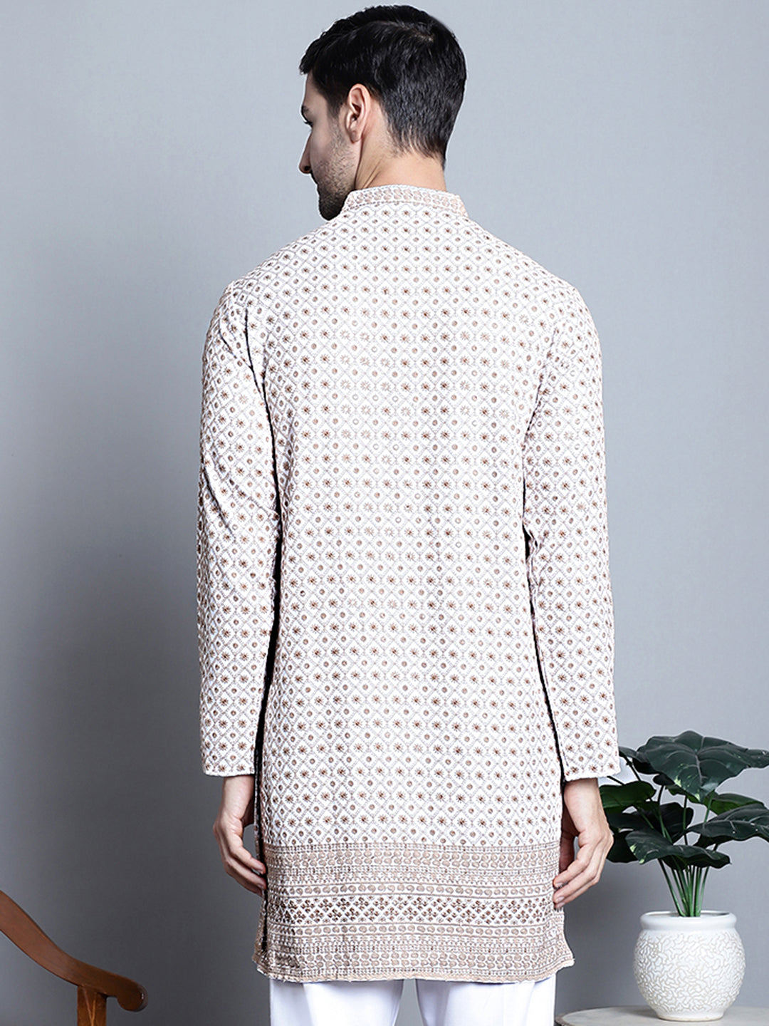 Jompers Men's Chikankari Embroidered Kurta Only - Beige - Distacart