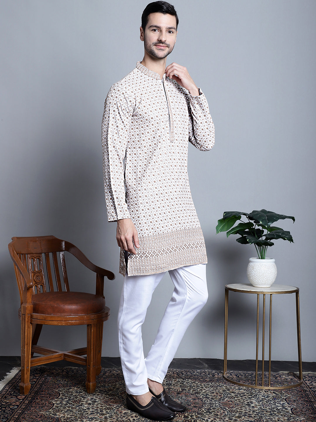 Jompers Men's Chikankari Embroidered Kurta Only - Beige - Distacart