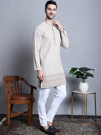 Jompers Men's Chikankari Embroidered Kurta Only - Beige - Distacart
