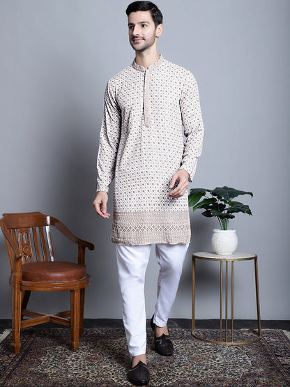 Jompers Men's Chikankari Embroidered Kurta Only - Beige - Distacart
