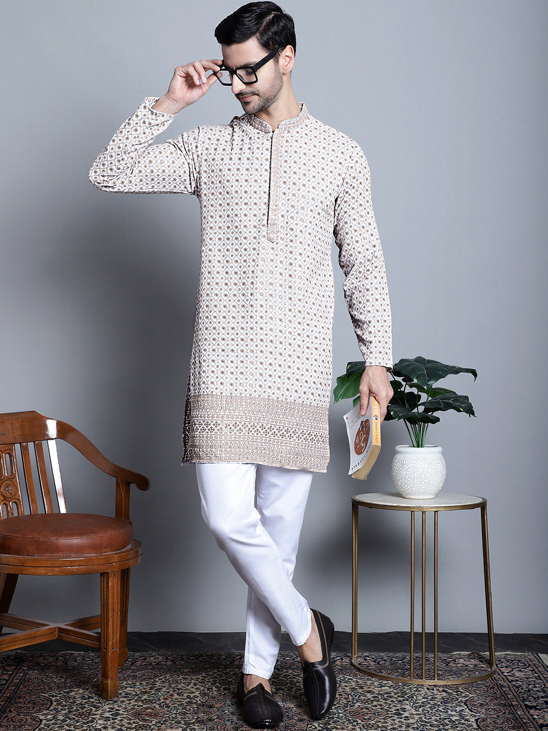 Jompers Men's Chikankari Embroidered Kurta Only - Beige - Distacart