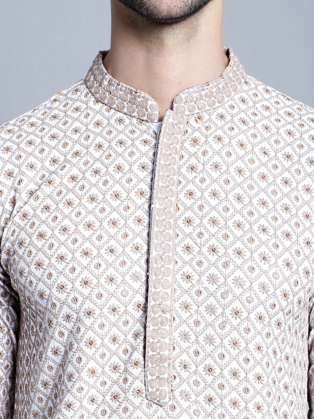 Jompers Men's Chikankari Embroidered Kurta Only - Beige - Distacart