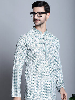 Jompers Men's Chikankari Embroidered Kurta Only - Blue - Distacart