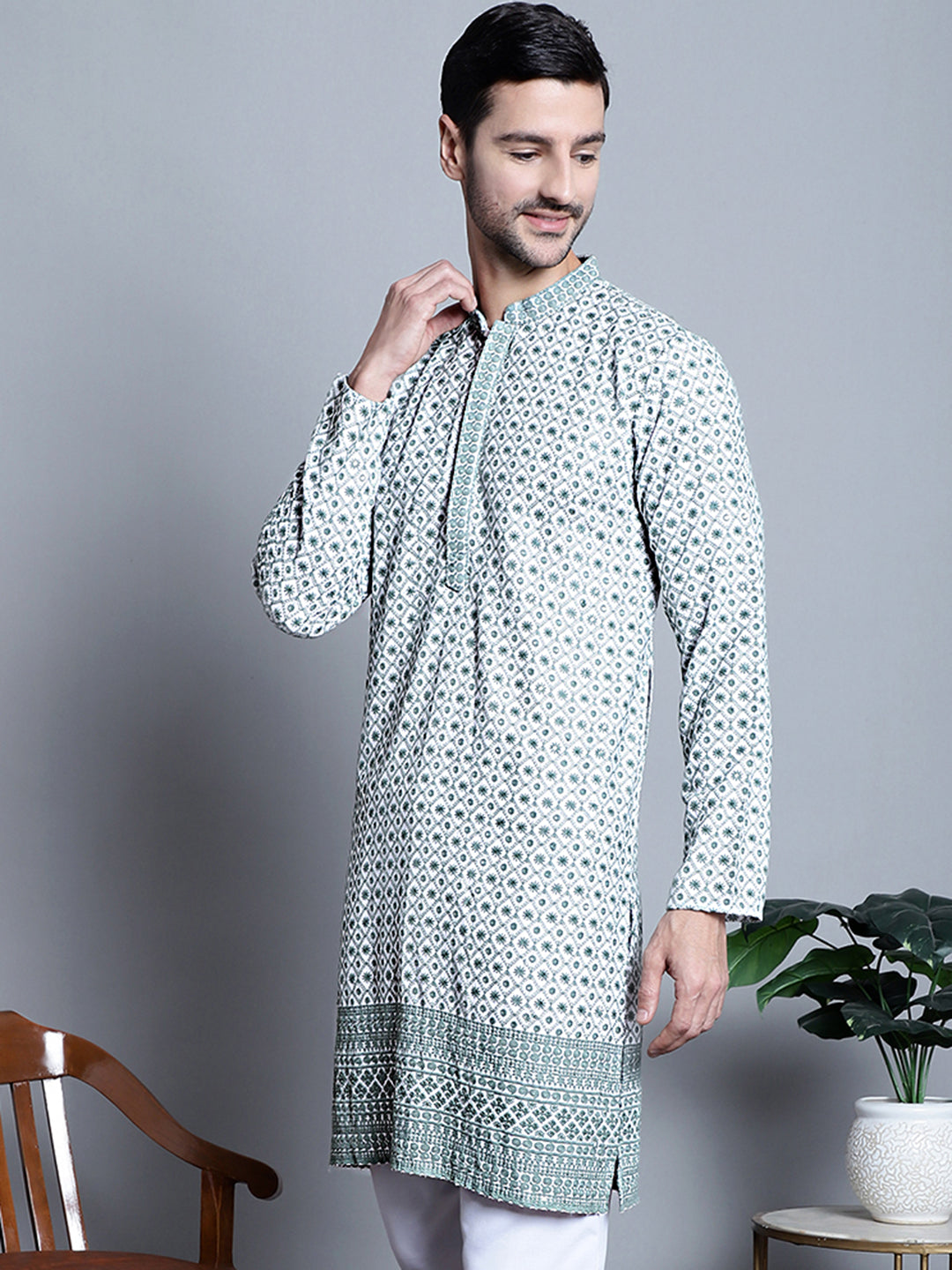 Jompers Men's Chikankari Embroidered Kurta Only - Blue - Distacart