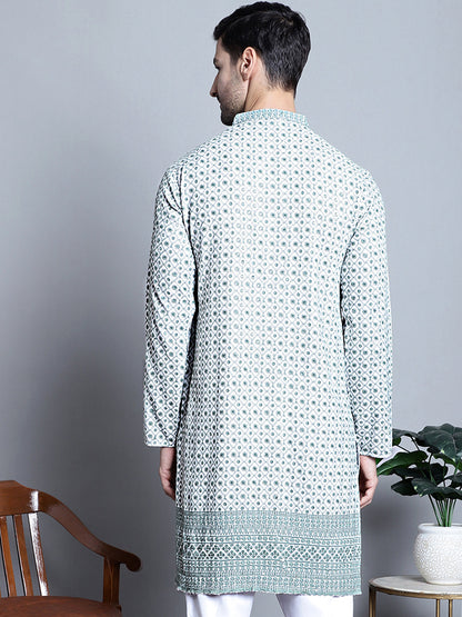 Jompers Men's Chikankari Embroidered Kurta Only - Blue - Distacart