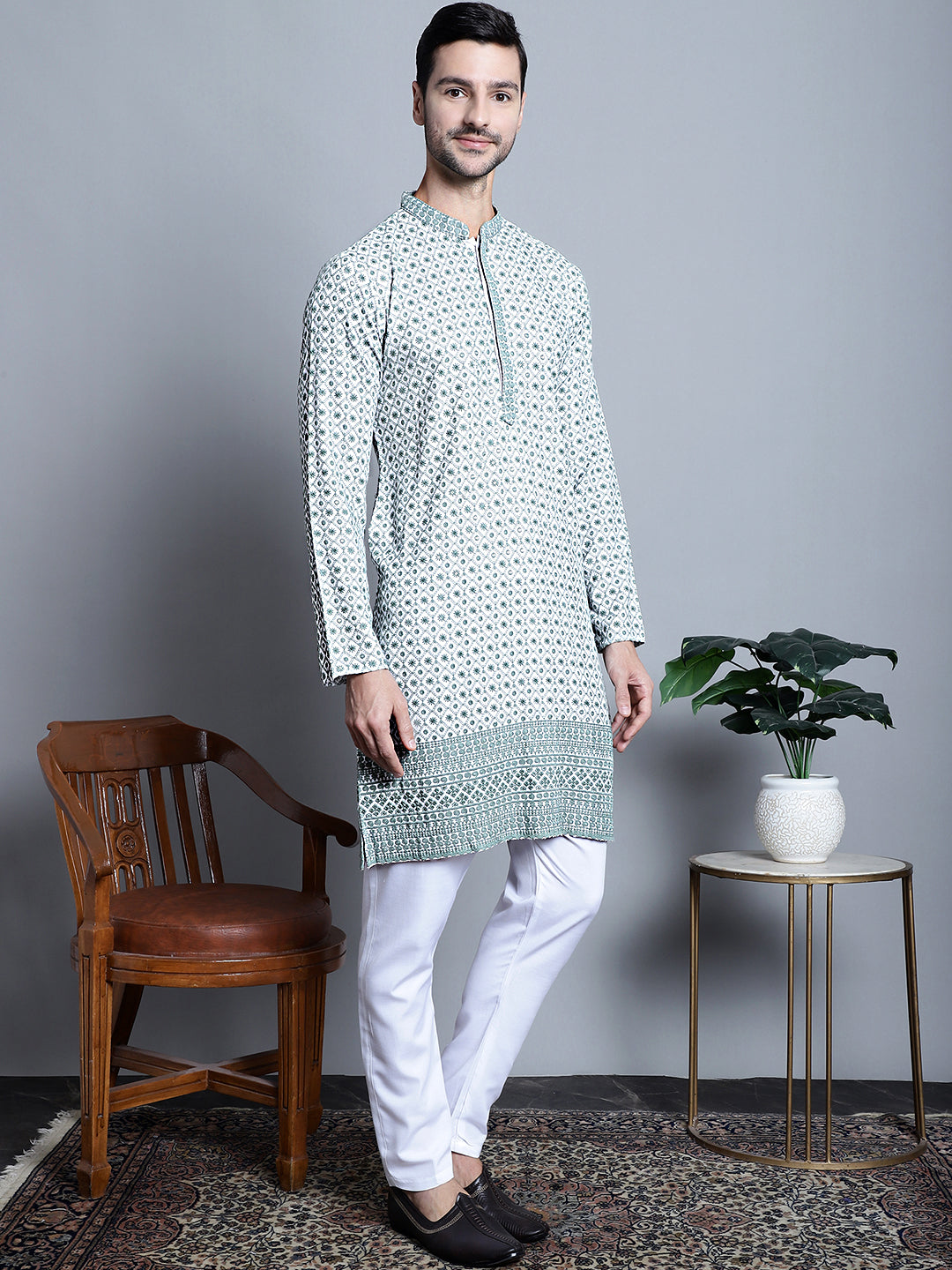 Jompers Men's Chikankari Embroidered Kurta Only - Blue - Distacart