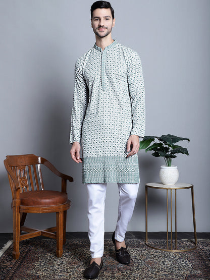 Jompers Men's Chikankari Embroidered Kurta Only - Blue - Distacart