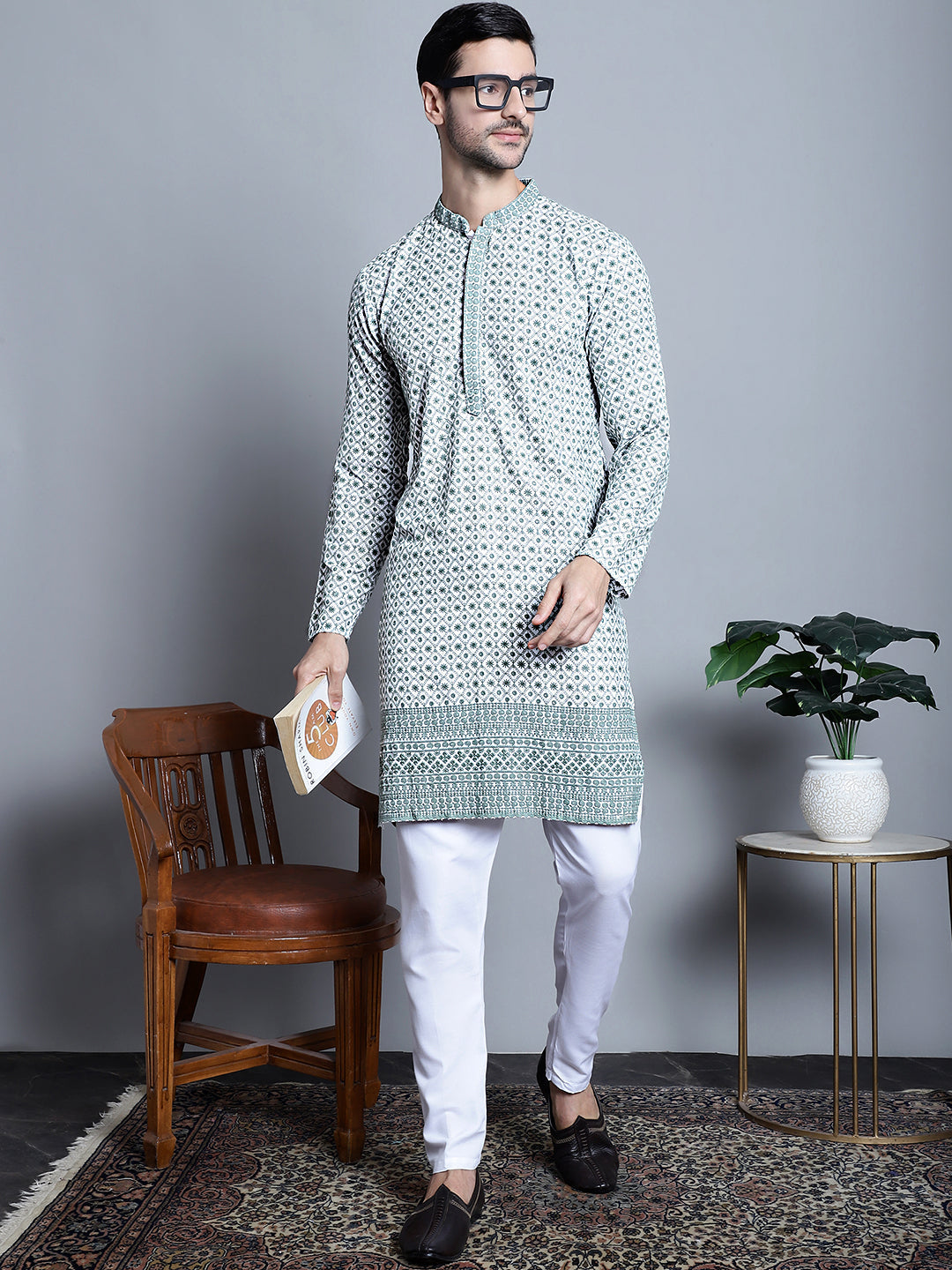 Jompers Men's Chikankari Embroidered Kurta Only - Blue - Distacart