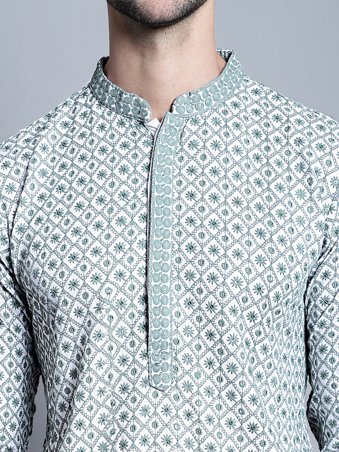 Jompers Men's Chikankari Embroidered Kurta Only - Blue - Distacart