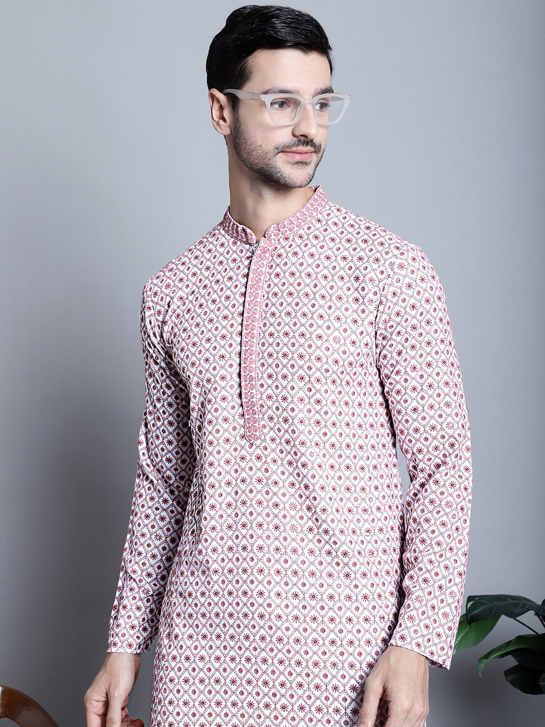 Jompers Men's Chikankari Embroidered Kurta Only - Pink - Distacart