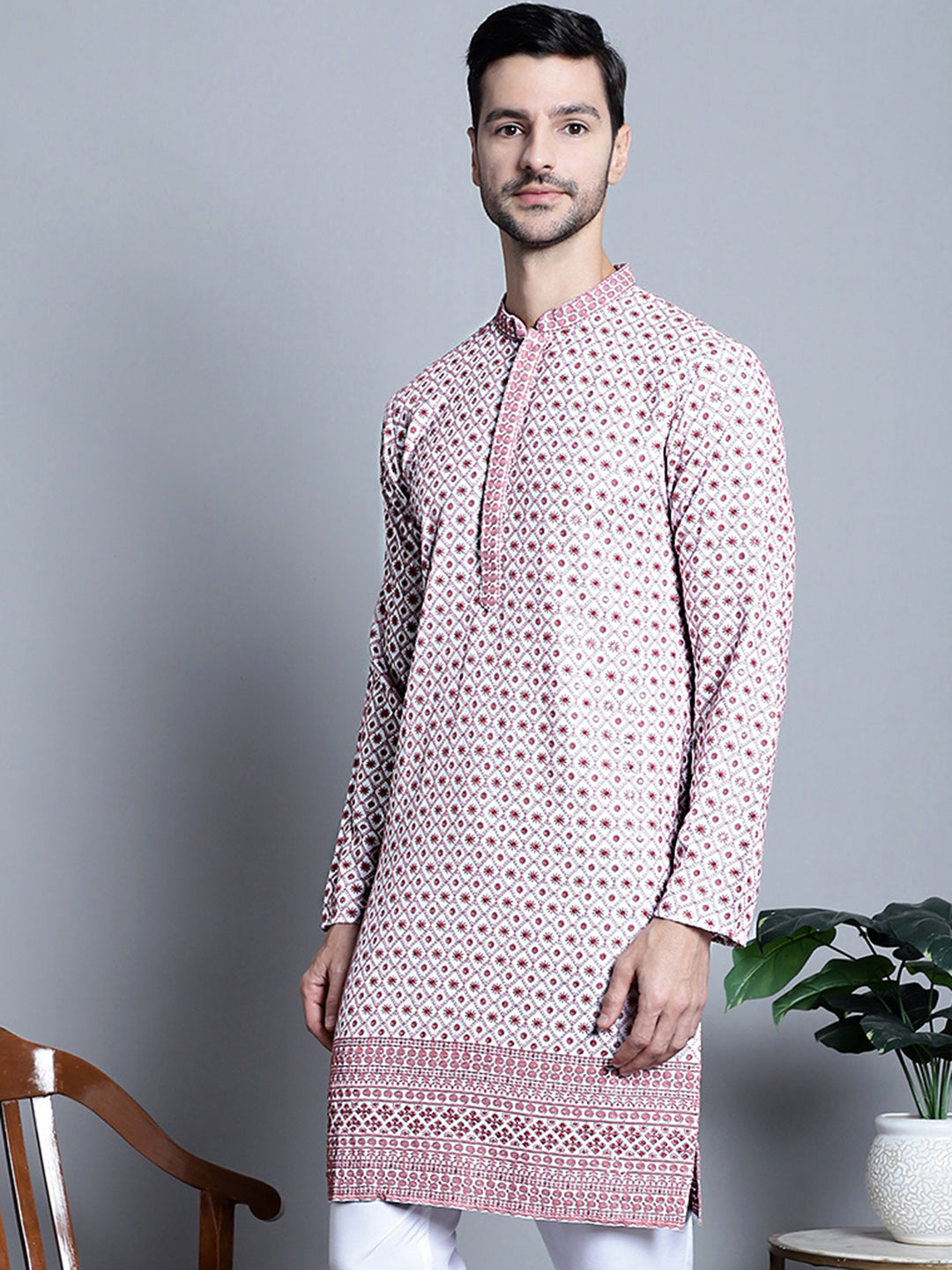 Jompers Men's Chikankari Embroidered Kurta Only - Pink - Distacart