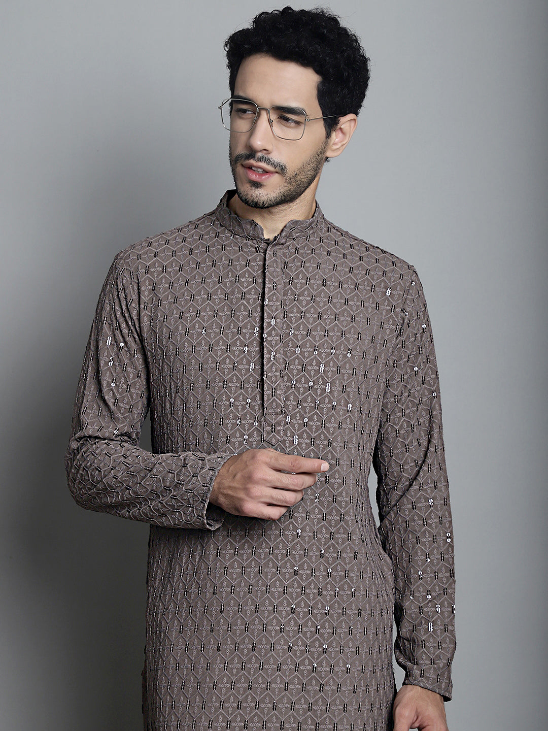 Jompers Men's Chikankari Embroidered and Sequence Kurta Only - Brown - Distacart
