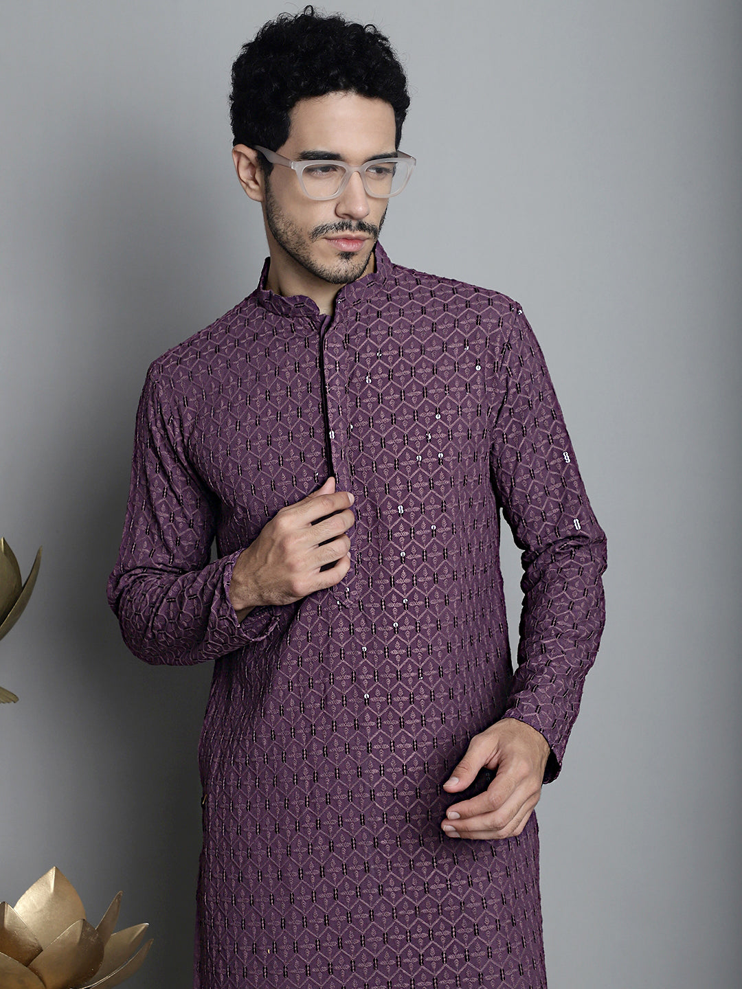 Jompers Men's Chikankari Embroidered and Sequence Kurta Only - Purple - Distacart