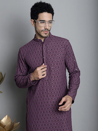 Jompers Men's Chikankari Embroidered and Sequence Kurta Only - Purple - Distacart