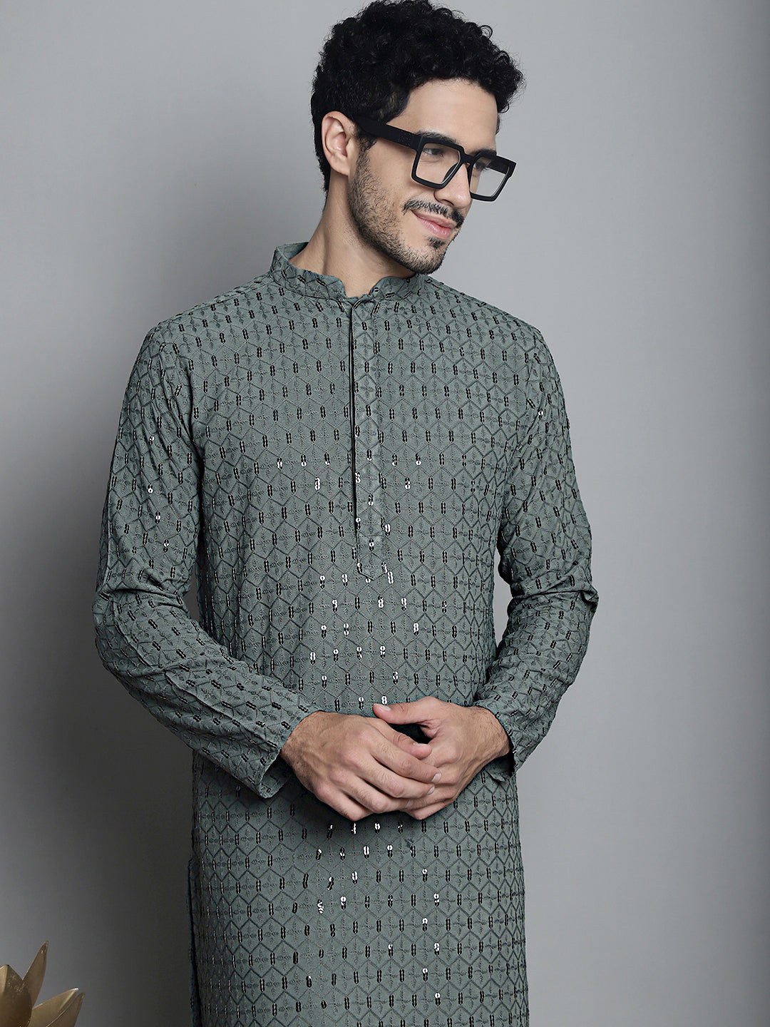 Jompers Men's Chikankari Embroidered and Sequence Kurta Only - Sea-Green - Distacart