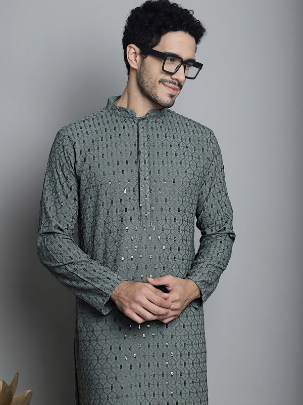 Jompers Men's Chikankari Embroidered and Sequence Kurta Only - Sea-Green - Distacart