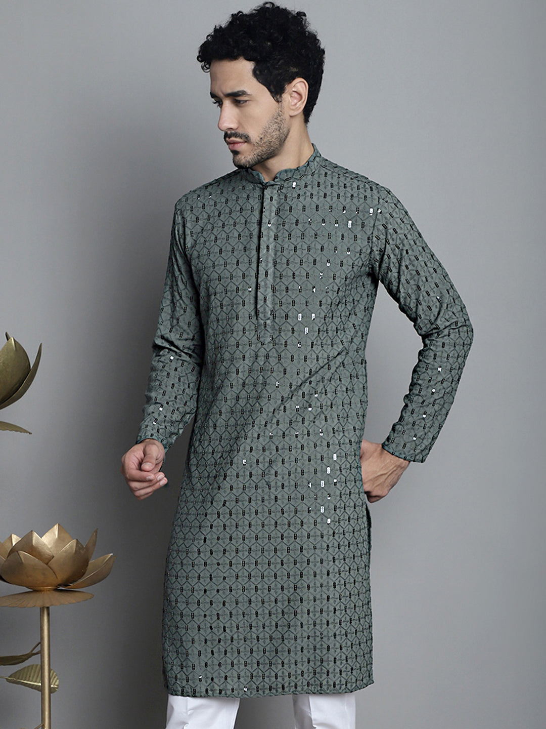 Jompers Men's Chikankari Embroidered and Sequence Kurta Only - Sea-Green - Distacart