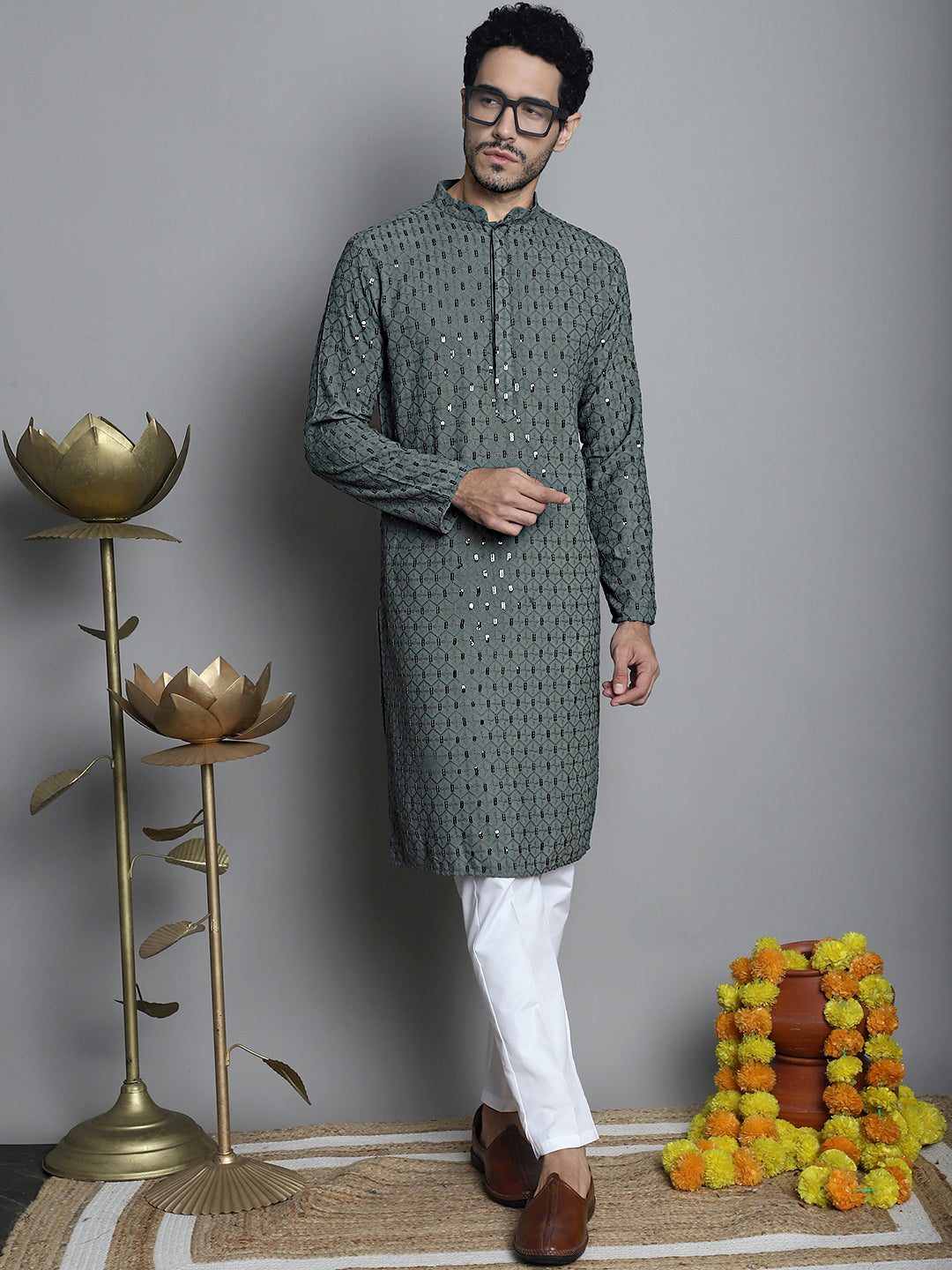Jompers Men's Chikankari Embroidered and Sequence Kurta Only - Sea-Green - Distacart