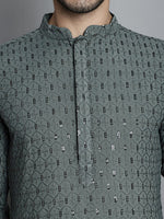 Thumbnail for Jompers Men's Chikankari Embroidered and Sequence Kurta Only - Sea-Green - Distacart