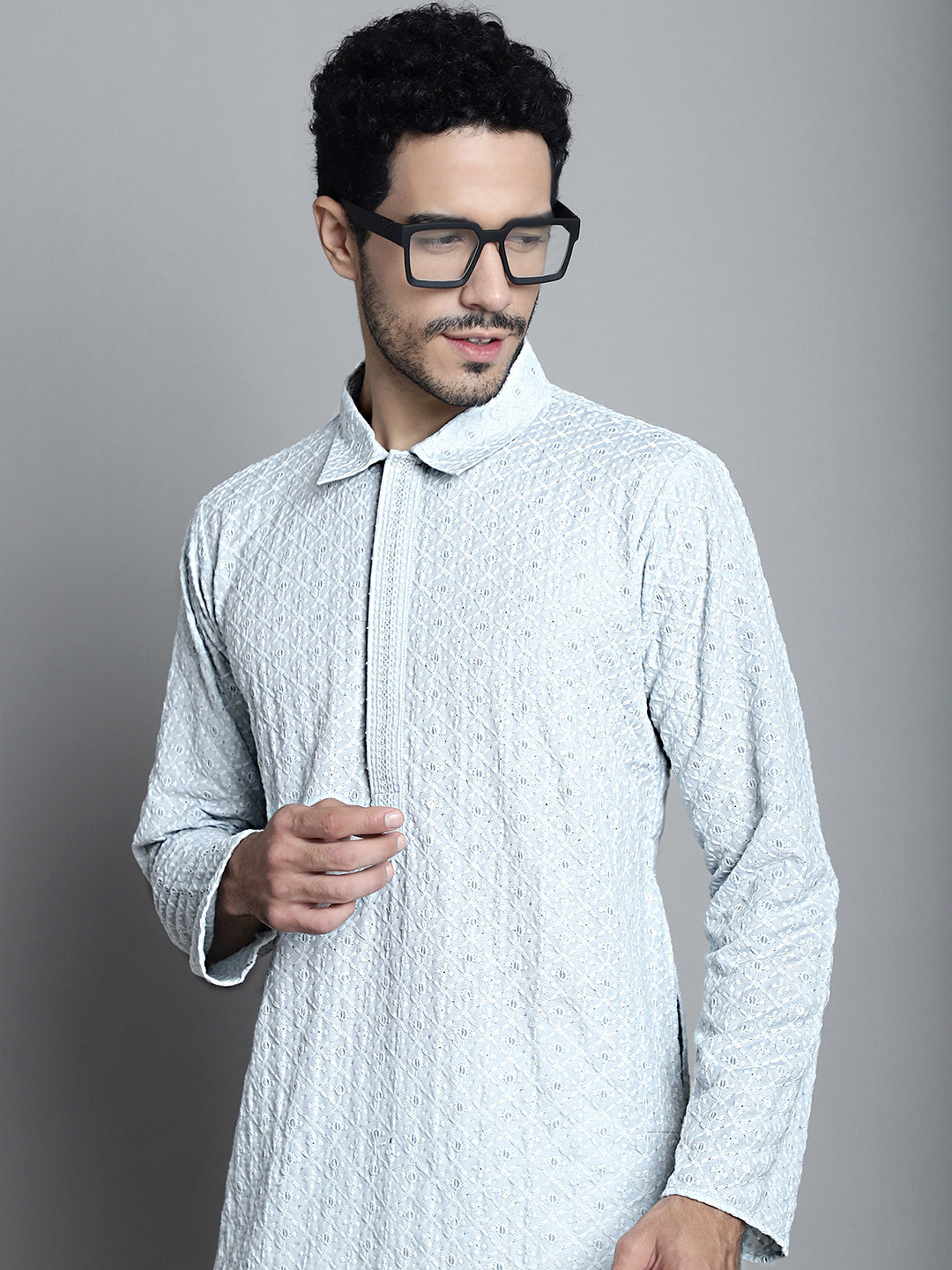 Jompers Men's Chikankari Embroidered and Sequence Kurta Only - Light-Grey - Distacart