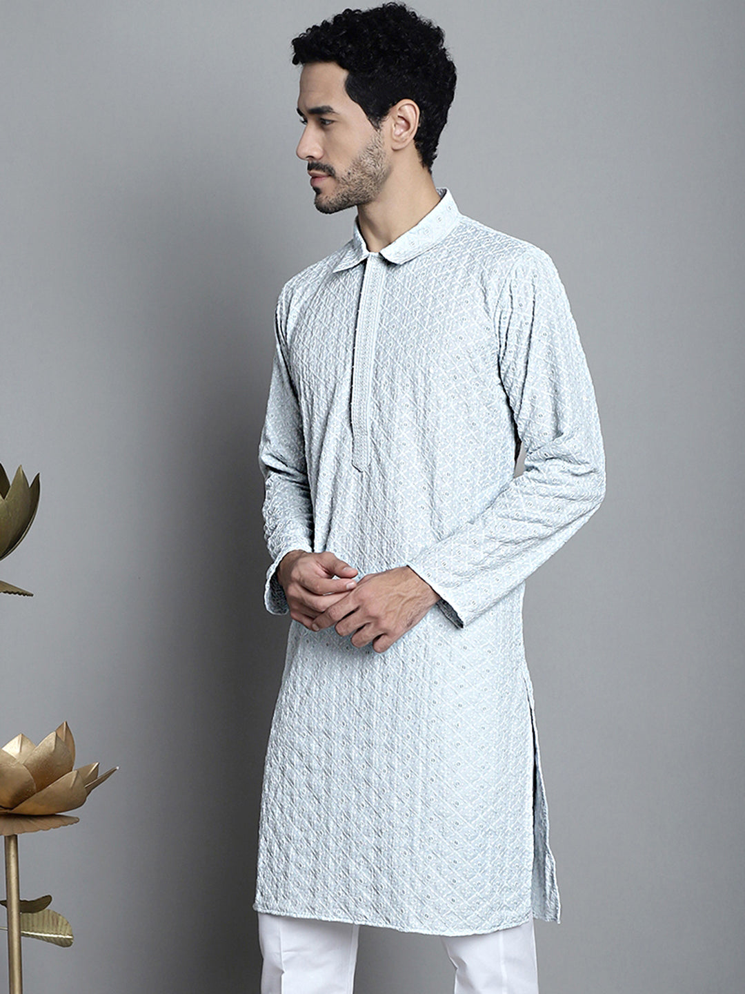 Jompers Men's Chikankari Embroidered and Sequence Kurta Only - Light-Grey - Distacart