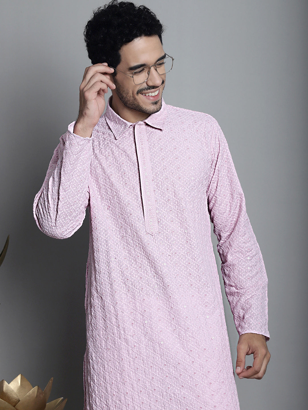 Jompers Men's Chikankari Embroidered and Sequence Kurta Only - Magenta - Distacart