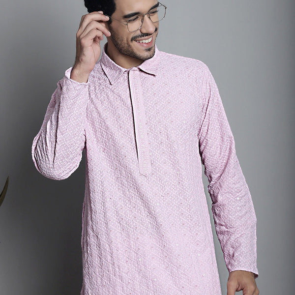 Jompers Men's Chikankari Embroidered and Sequence Kurta Only - Magenta - Distacart