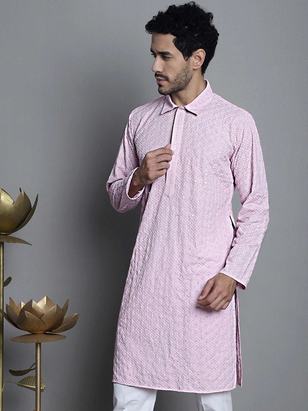 Jompers Men's Chikankari Embroidered and Sequence Kurta Only - Magenta - Distacart