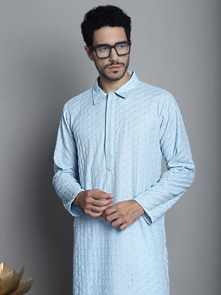Jompers Men's Chikankari Embroidered and Sequence Kurta Only - Sky Blue - Distacart