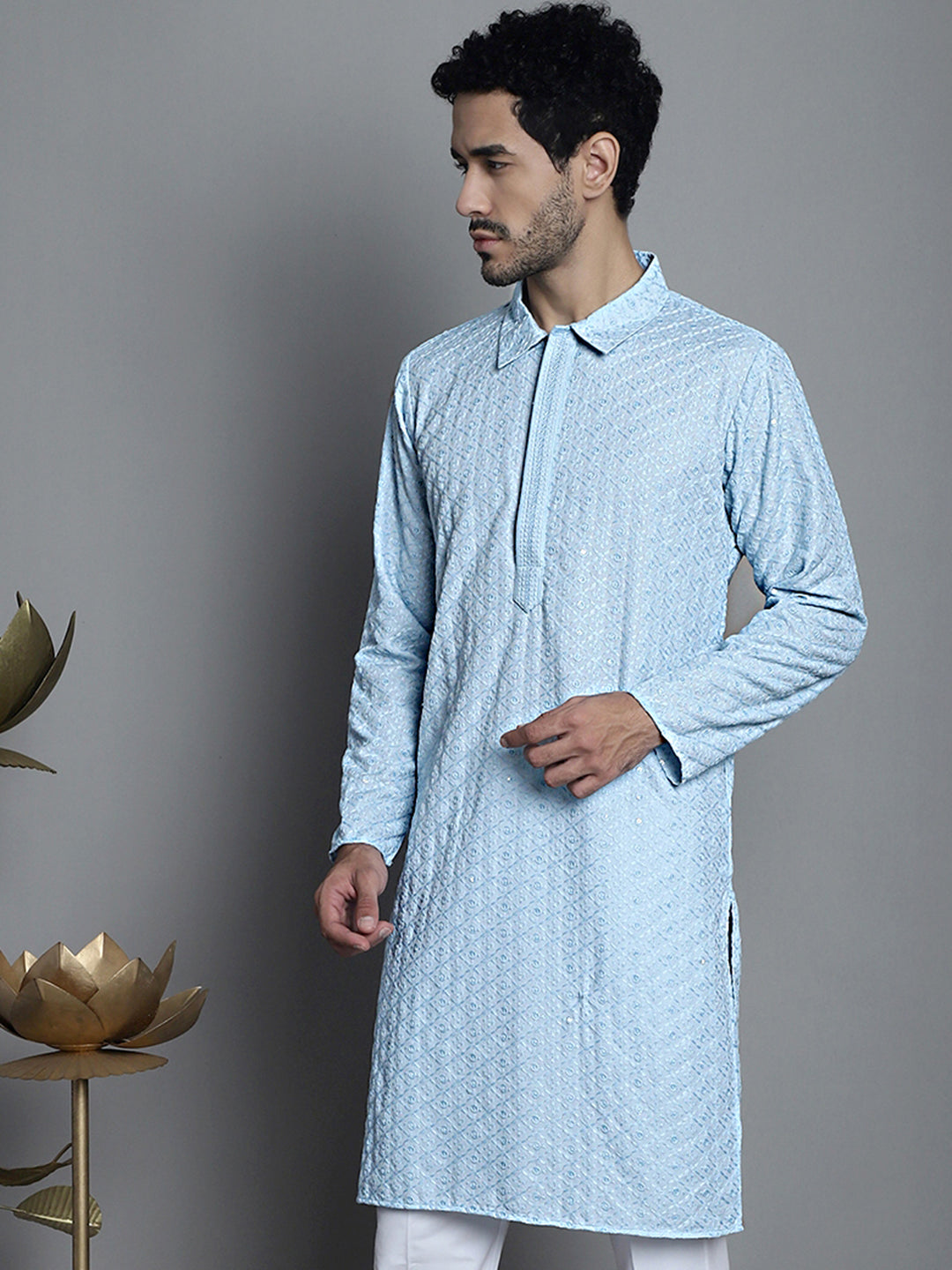 Jompers Men's Chikankari Embroidered and Sequence Kurta Only - Sky Blue - Distacart