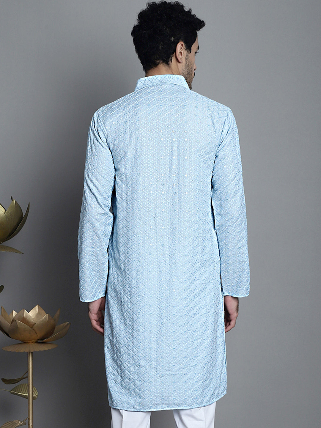 Jompers Men's Chikankari Embroidered and Sequence Kurta Only - Sky Blue - Distacart