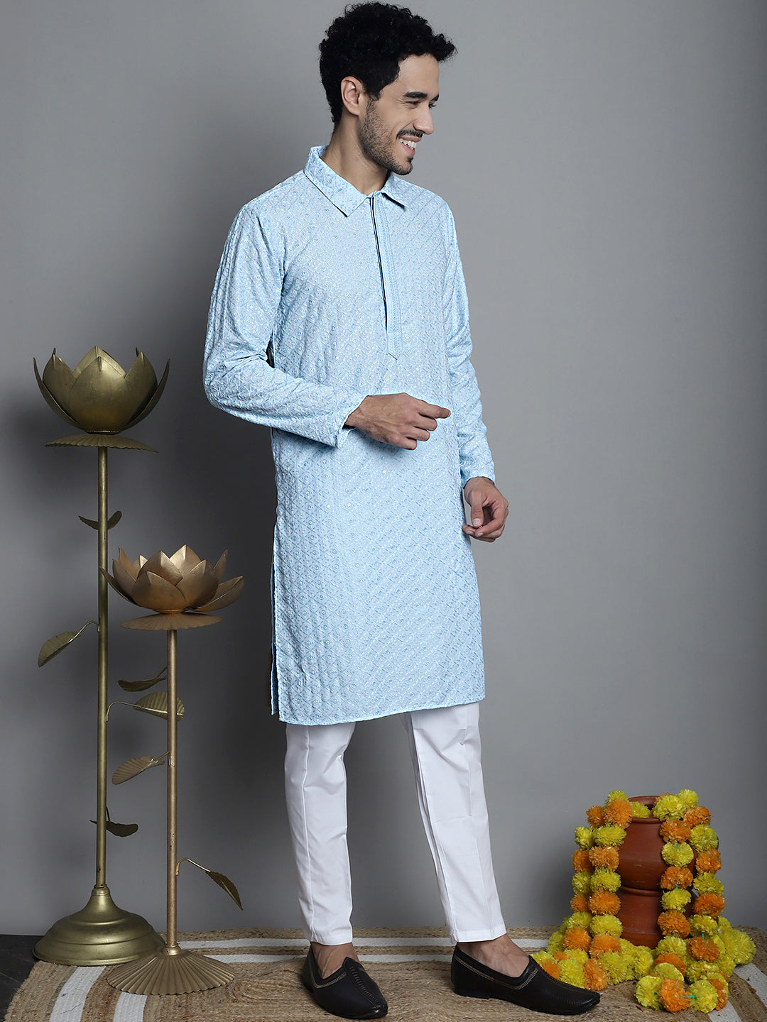 Jompers Men's Chikankari Embroidered and Sequence Kurta Only - Sky Blue - Distacart