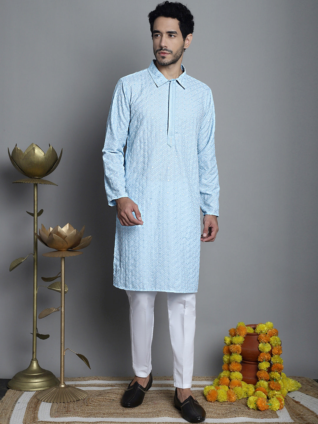 Jompers Men's Chikankari Embroidered and Sequence Kurta Only - Sky Blue - Distacart