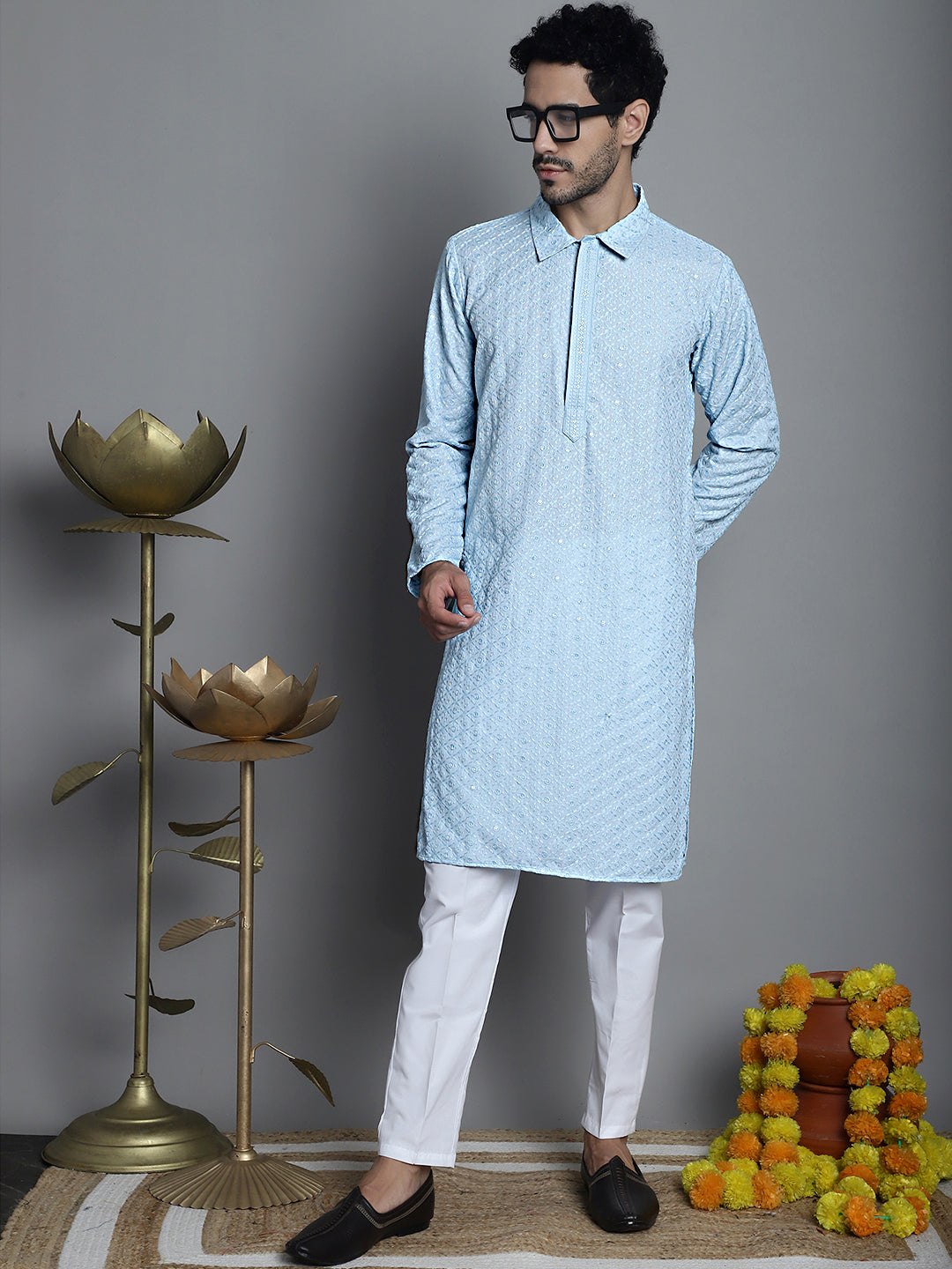 Jompers Men's Chikankari Embroidered and Sequence Kurta Only - Sky Blue - Distacart