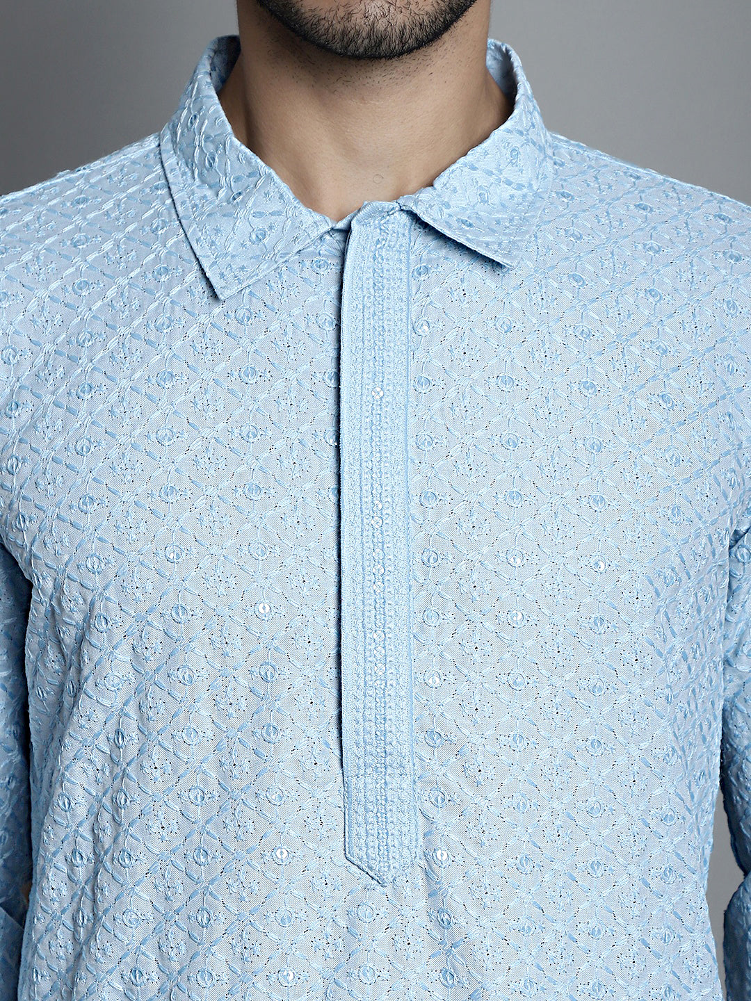 Jompers Men's Chikankari Embroidered and Sequence Kurta Only - Sky Blue - Distacart