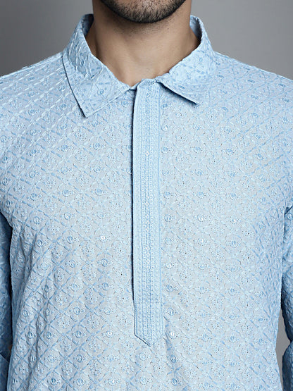 Jompers Men's Chikankari Embroidered and Sequence Kurta Only - Sky Blue - Distacart