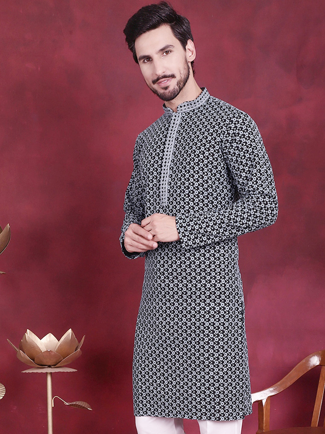 Jompers Men's Sequins Embroidered Kurta - Grey - Distacart