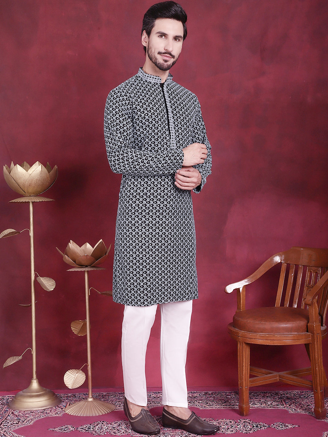 Jompers Men's Sequins Embroidered Kurta - Grey - Distacart